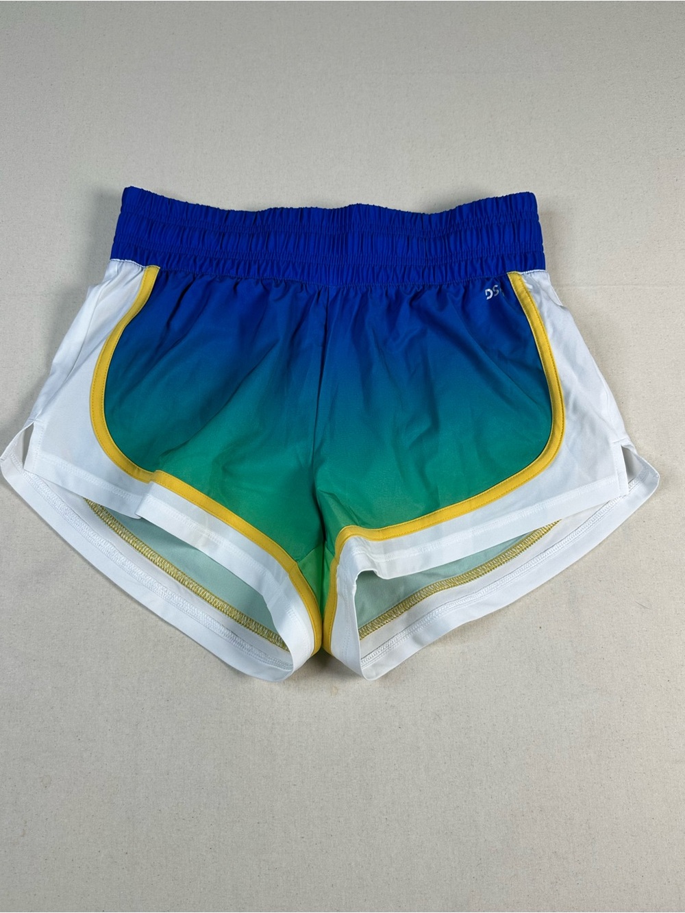 DSG Blue to Green Ombre Athletic Shorts with Yellow Trim XS